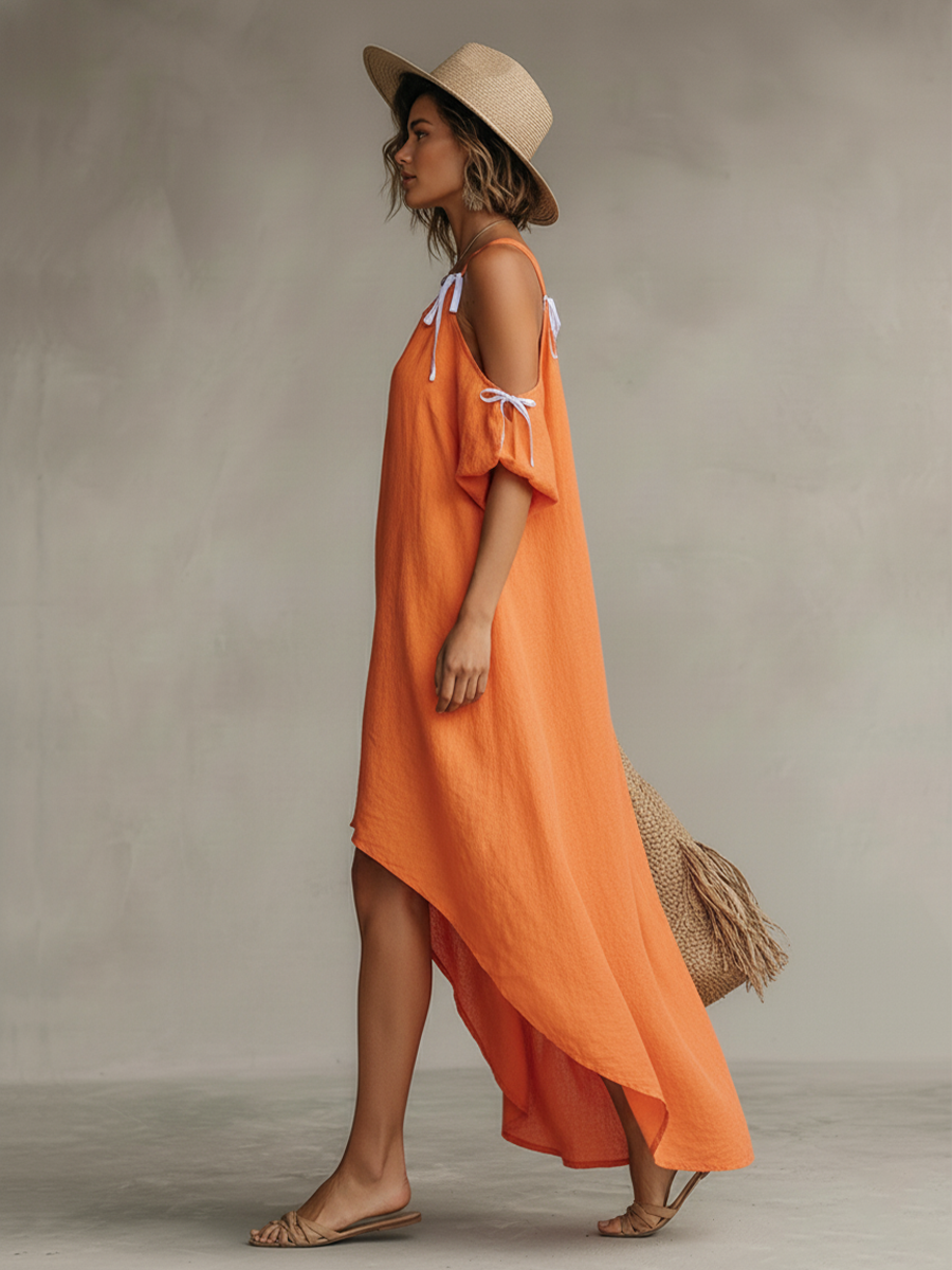 Tangerine | Cold-Shoulder Linen Dress