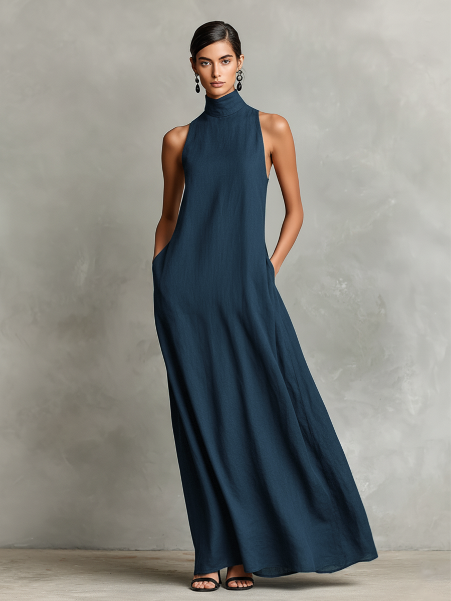 Sienna | Black High-Neck Pocket Maxi Dress