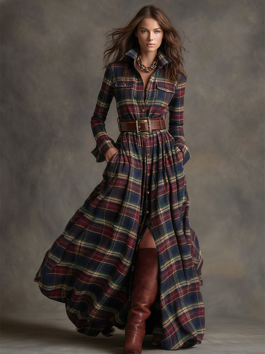 Elowen | Reddish Brown Plaid Maxi Dress
