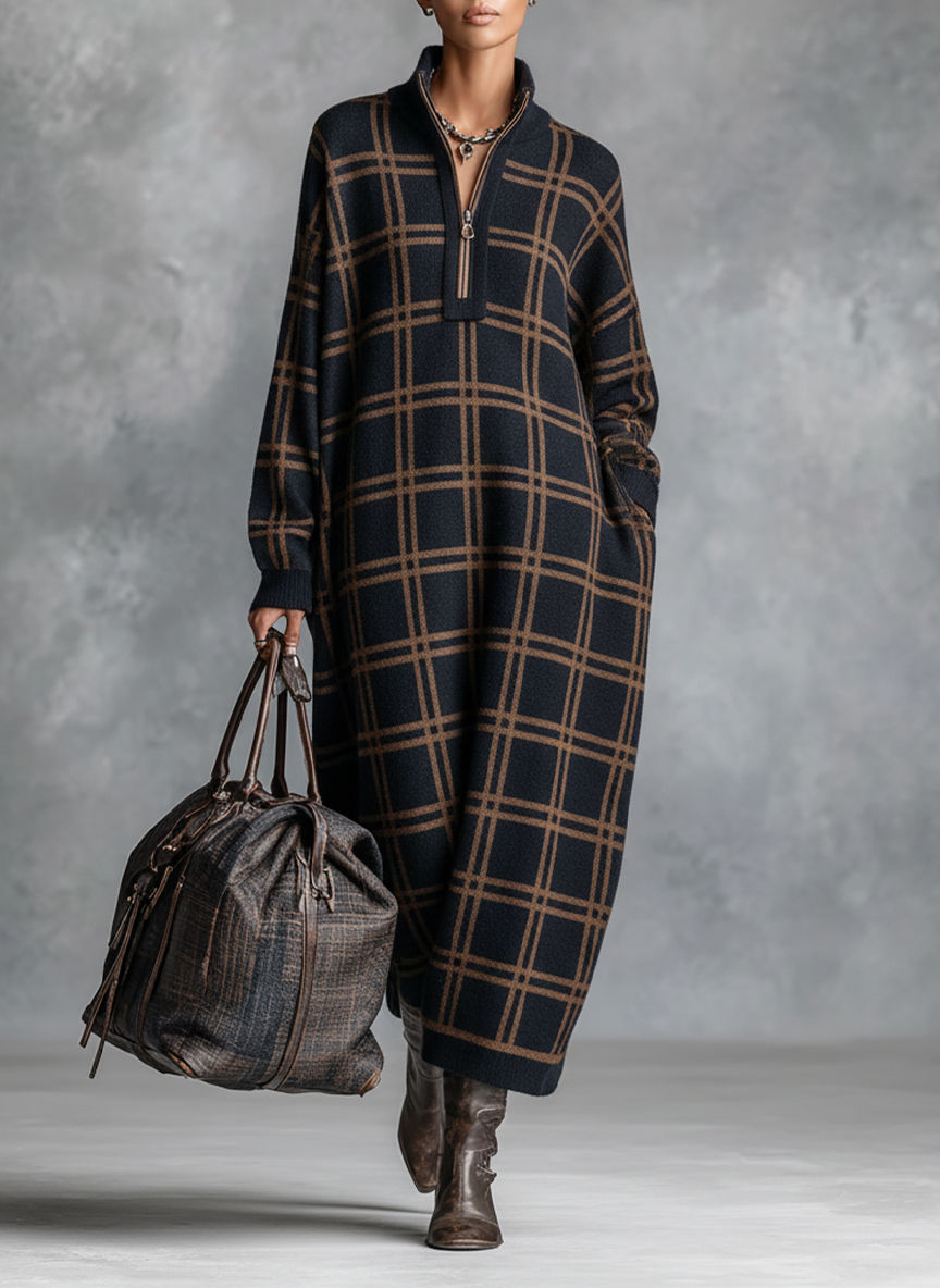 Nicole | Plaid Zipper Neck Maxi Dress