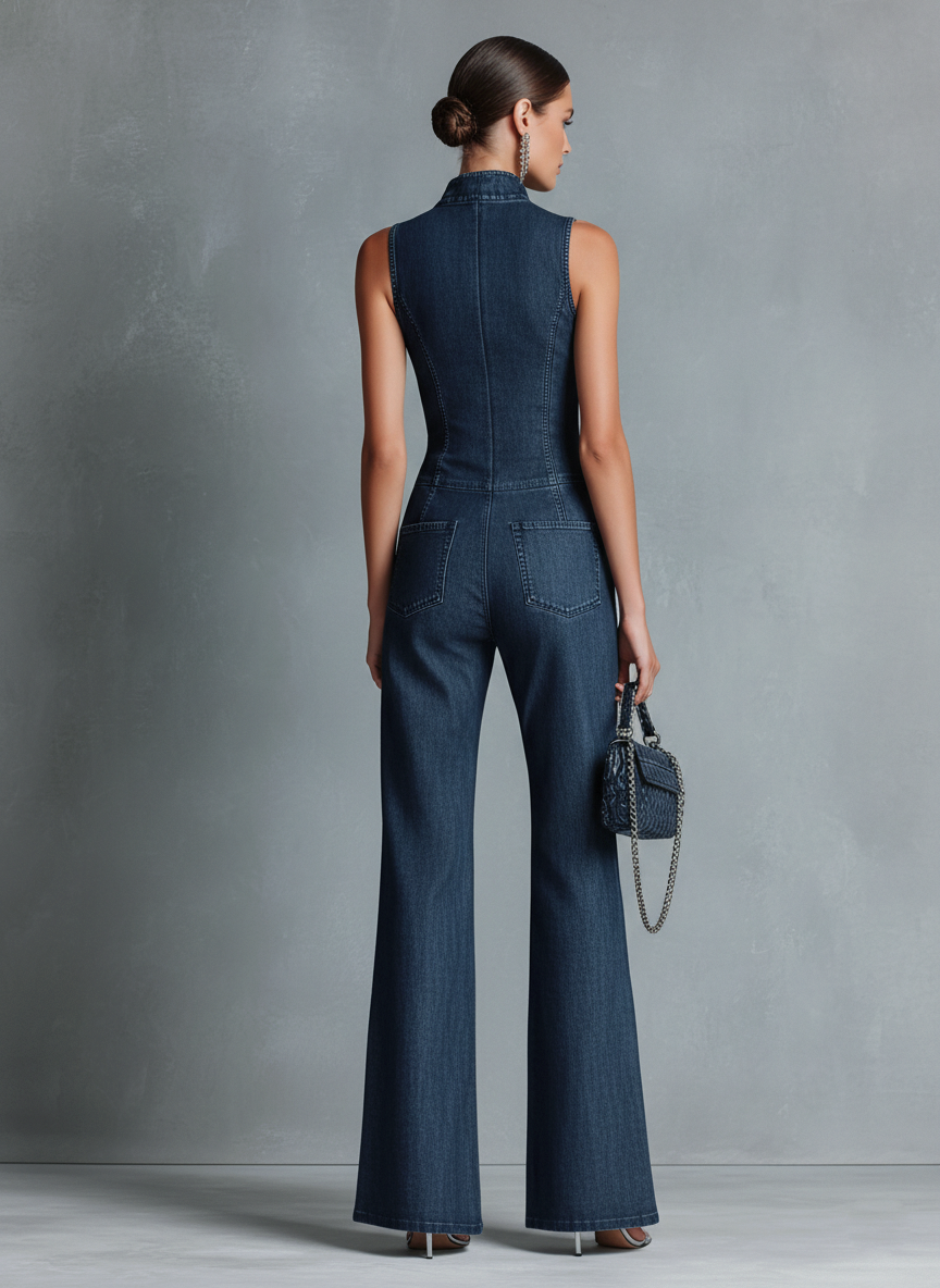 Talia | Dark Blue Denim Flared Jumpsuit