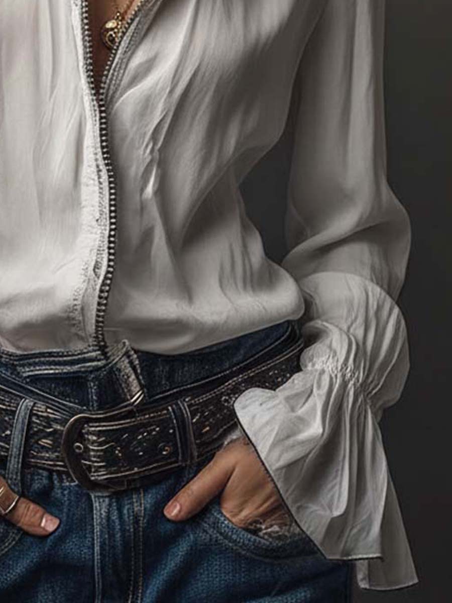 Elodie | White Flounce Cuff Blouse