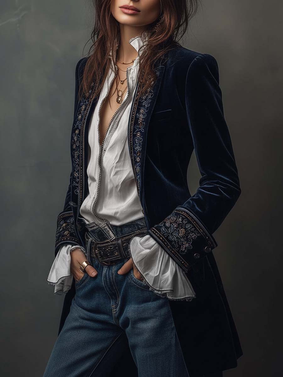 Odette | Navy Embroidered Velvet Jacket