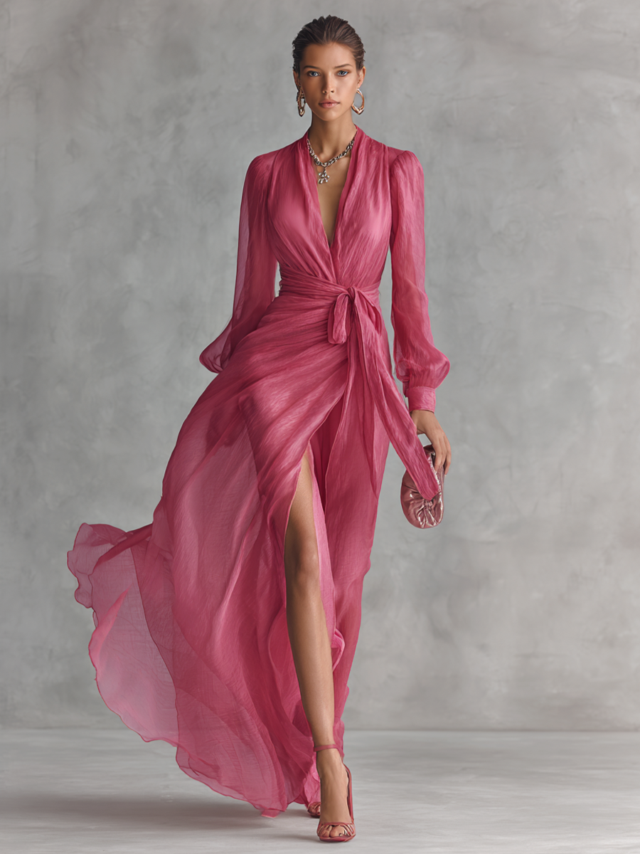 Adeline | Rose Pink Chiffon Tie-Waist Dress
