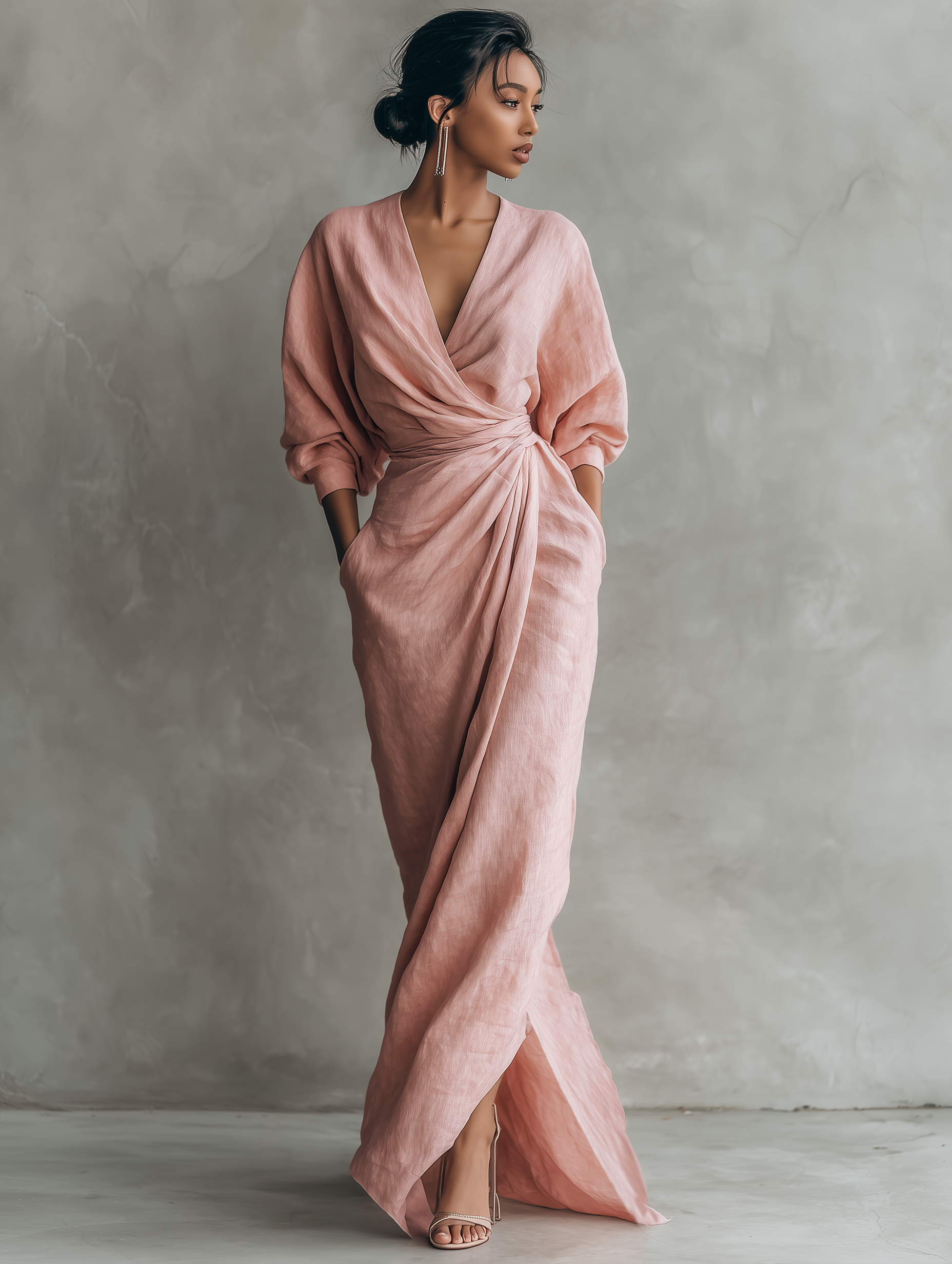 Luna | Pink V-Neck Linen Maxi Dress