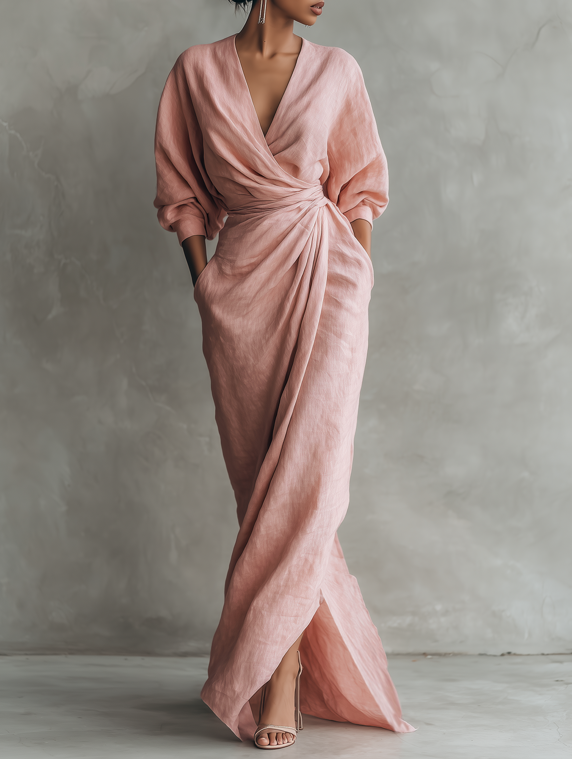 Luna | Pink V-Neck Linen Maxi Dress