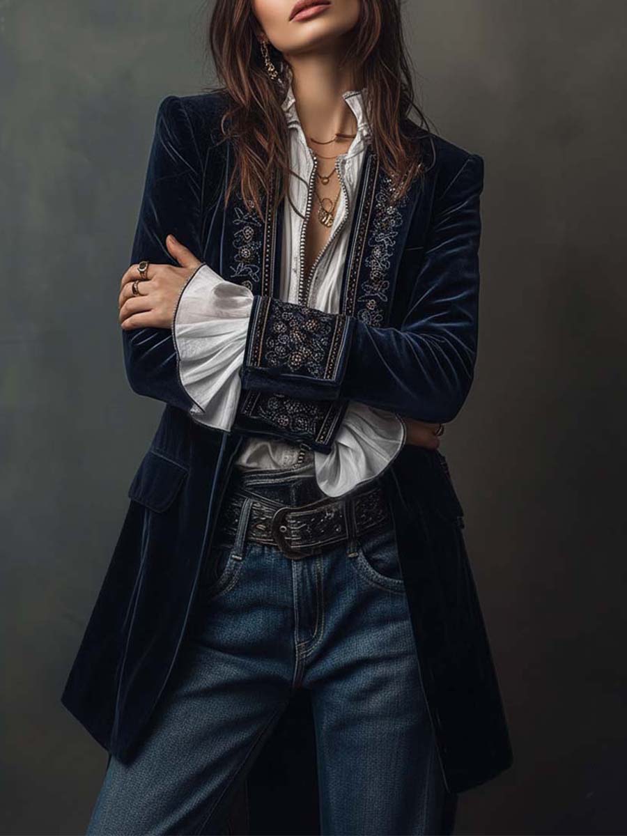 Odette | Navy Embroidered Velvet Jacket