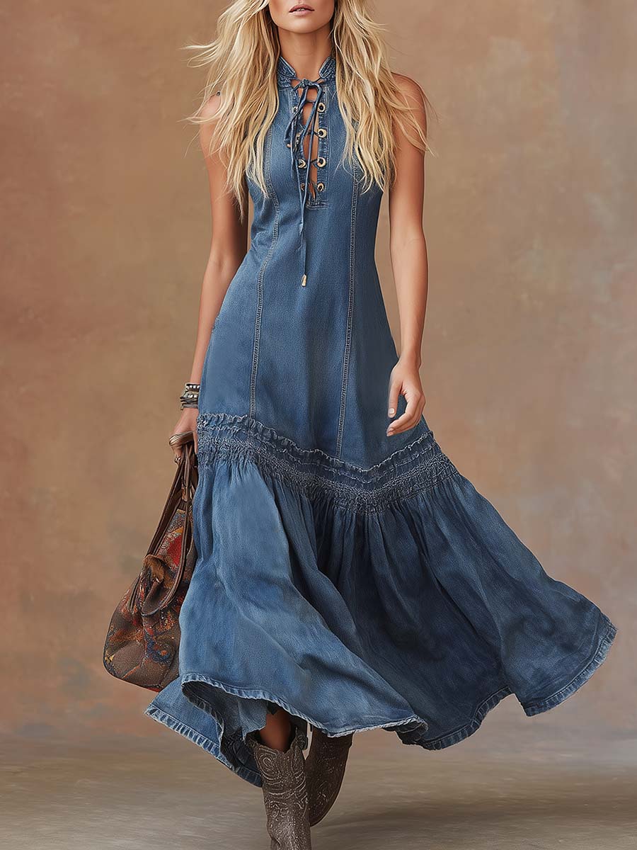 Sadie | Western Bubble Hem Denim Dress
