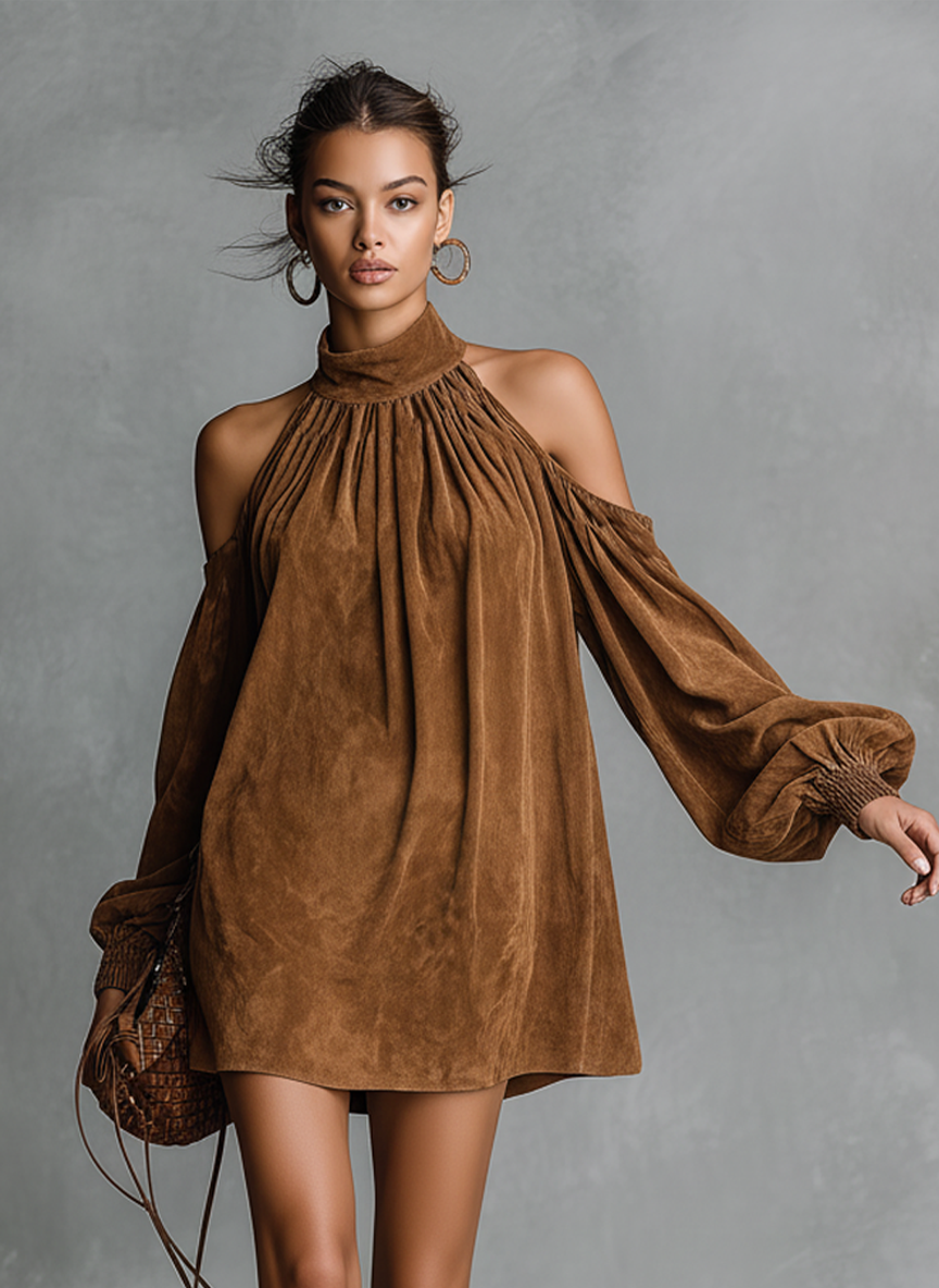 Sienna | Faux Suede Lantern Sleeve Mini Dress