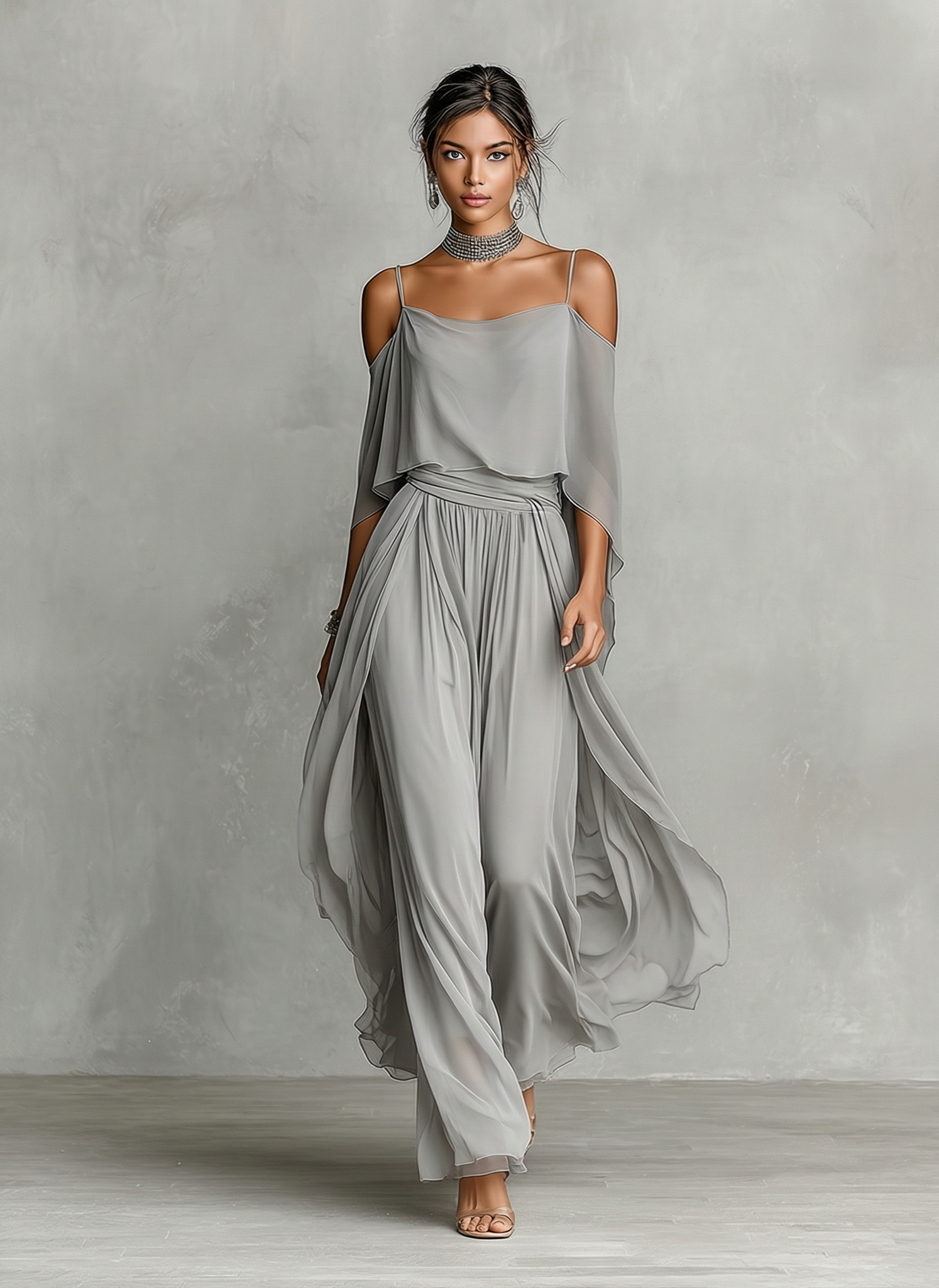 Ophelia | Grey Chiffon Flared Set