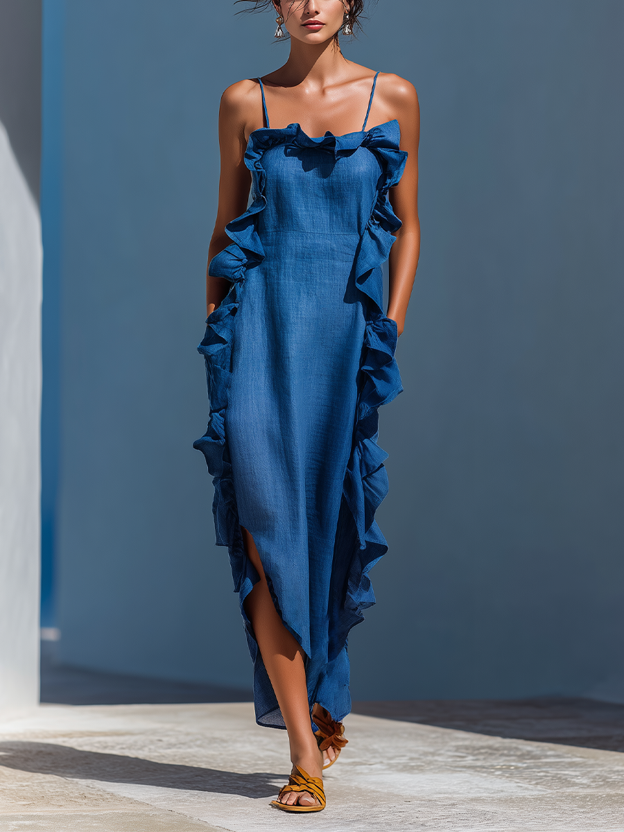 Isla | Blue Ruffle Slit Maxi Dress