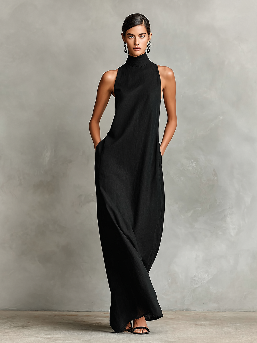 Sienna | Black High-Neck Pocket Maxi Dress