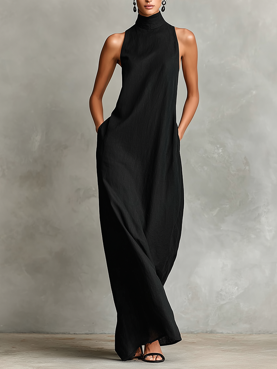 Sienna | Black High-Neck Pocket Maxi Dress