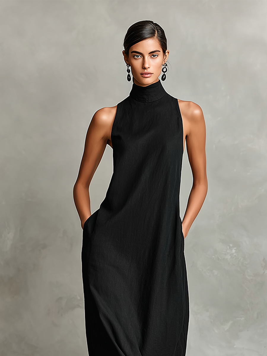 Sienna | Black High-Neck Pocket Maxi Dress