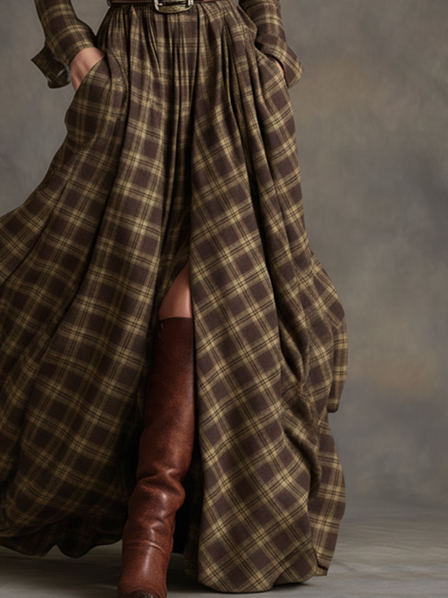 Elowen | Reddish Brown Plaid Maxi Dress