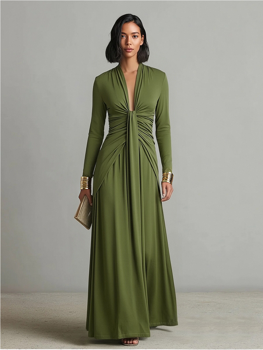 Isabelle | Olive Ruched V-Neck Maxi Dress