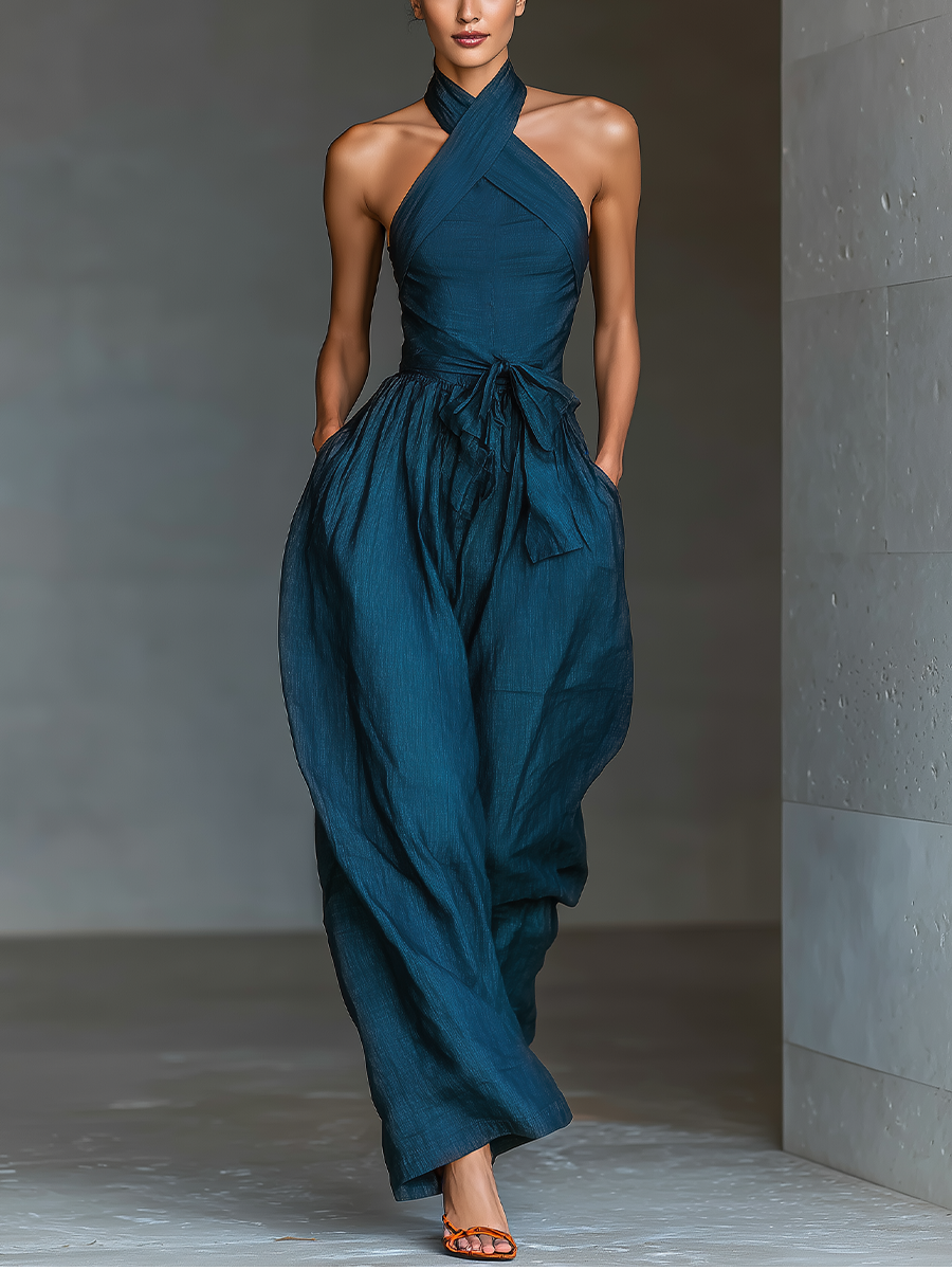 Luna | Navy Cross-Halter Jumpsuit