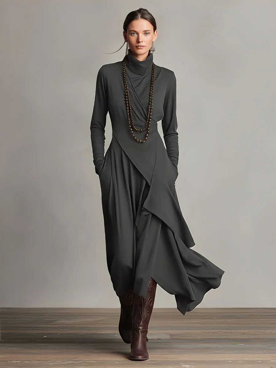 Rhea | Purple Draped Turtleneck Maxi Dress