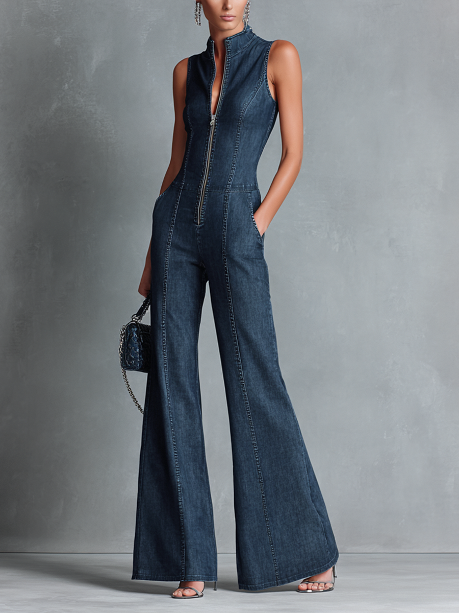 Talia | Dark Blue Denim Flared Jumpsuit