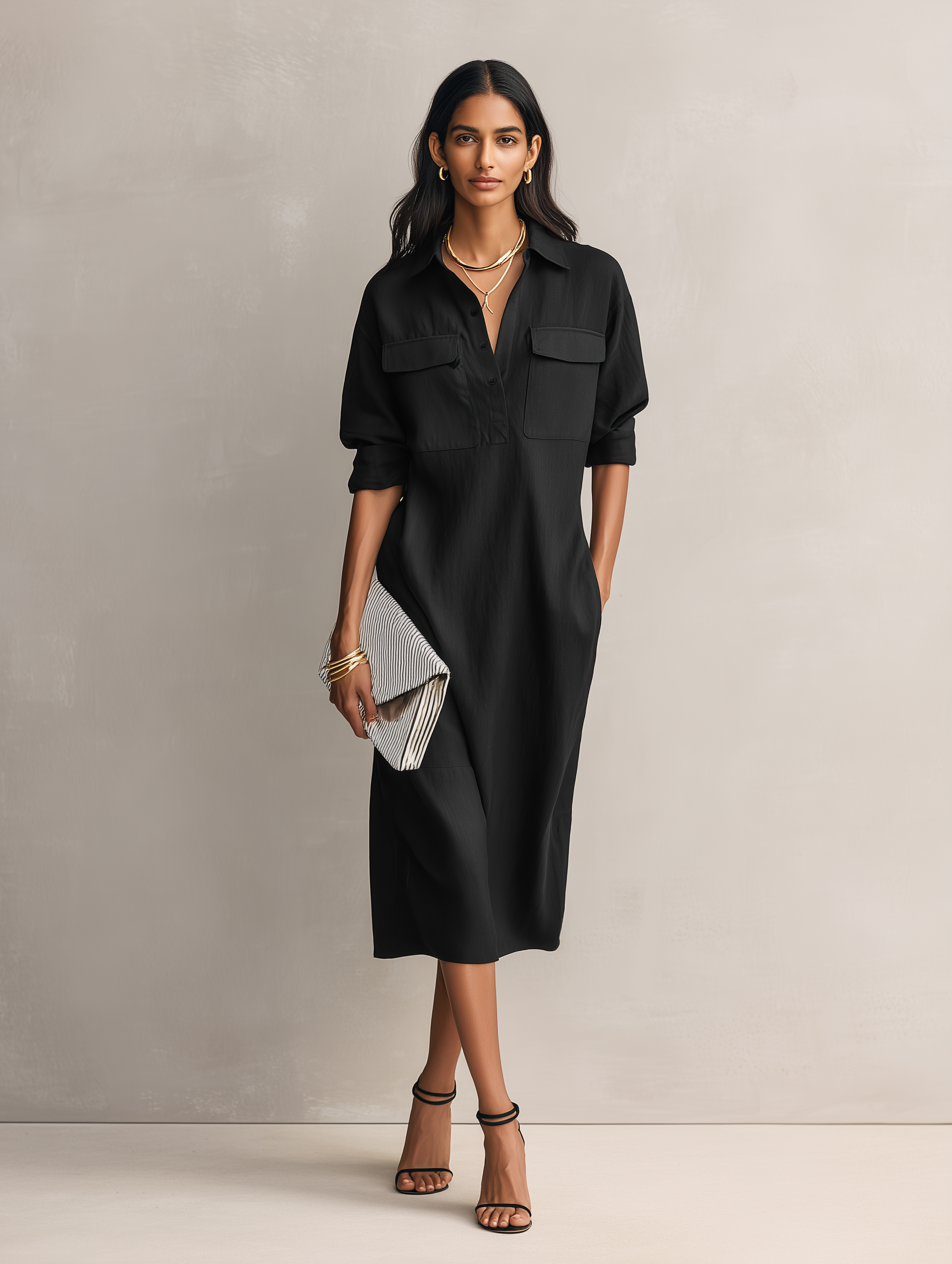 Nora | Black Shirt Collar Midi Dress