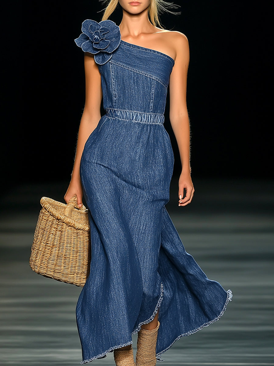Daphne | Floral Strapless Denim Maxi Dress