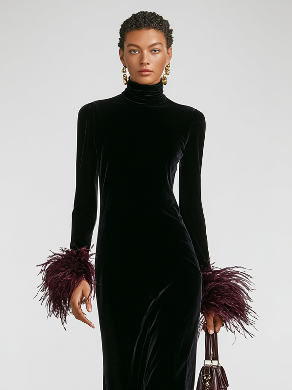 Odette | Velvet Feather Trim Maxi Dress