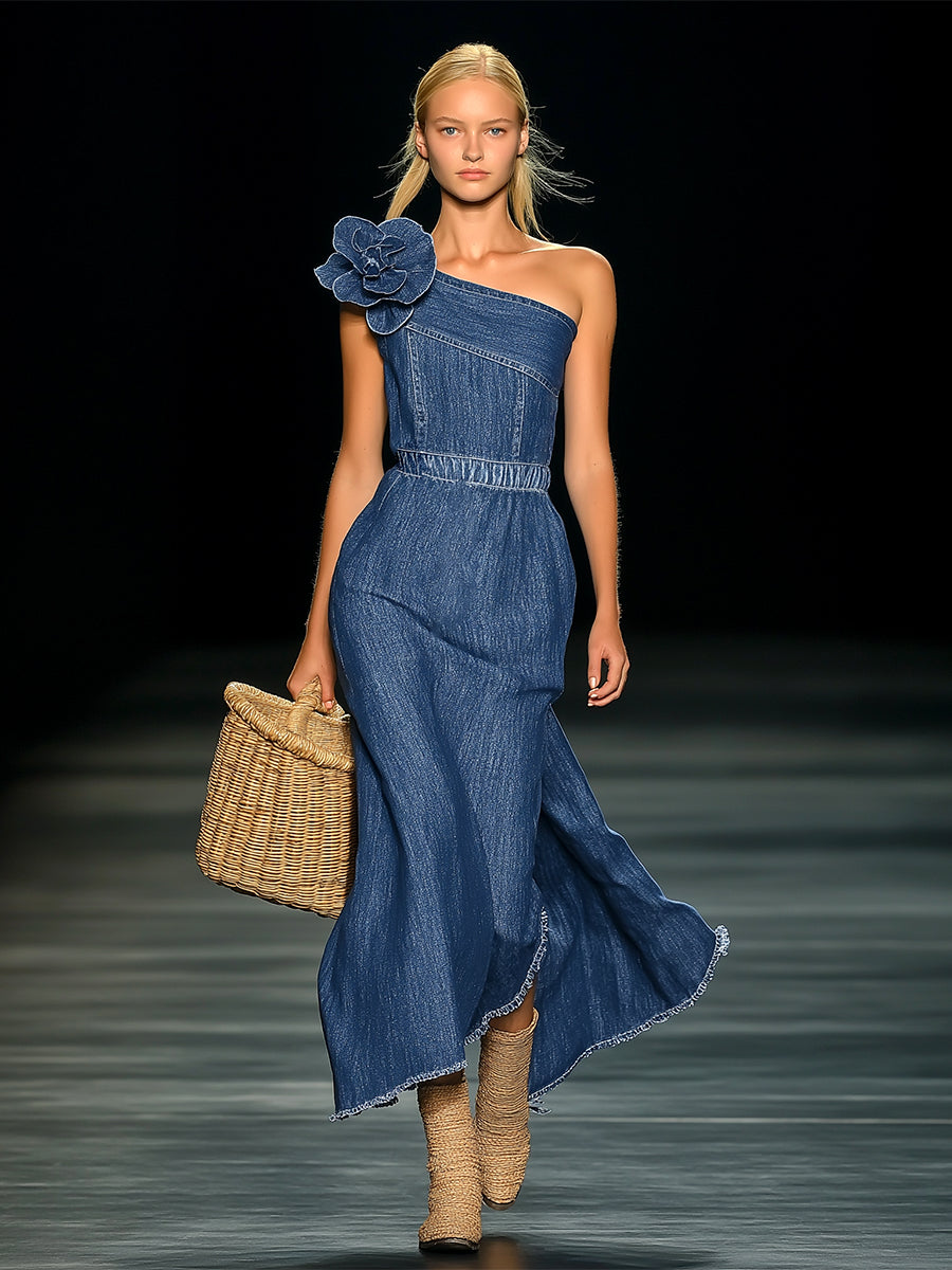 Daphne | Floral Strapless Denim Maxi Dress