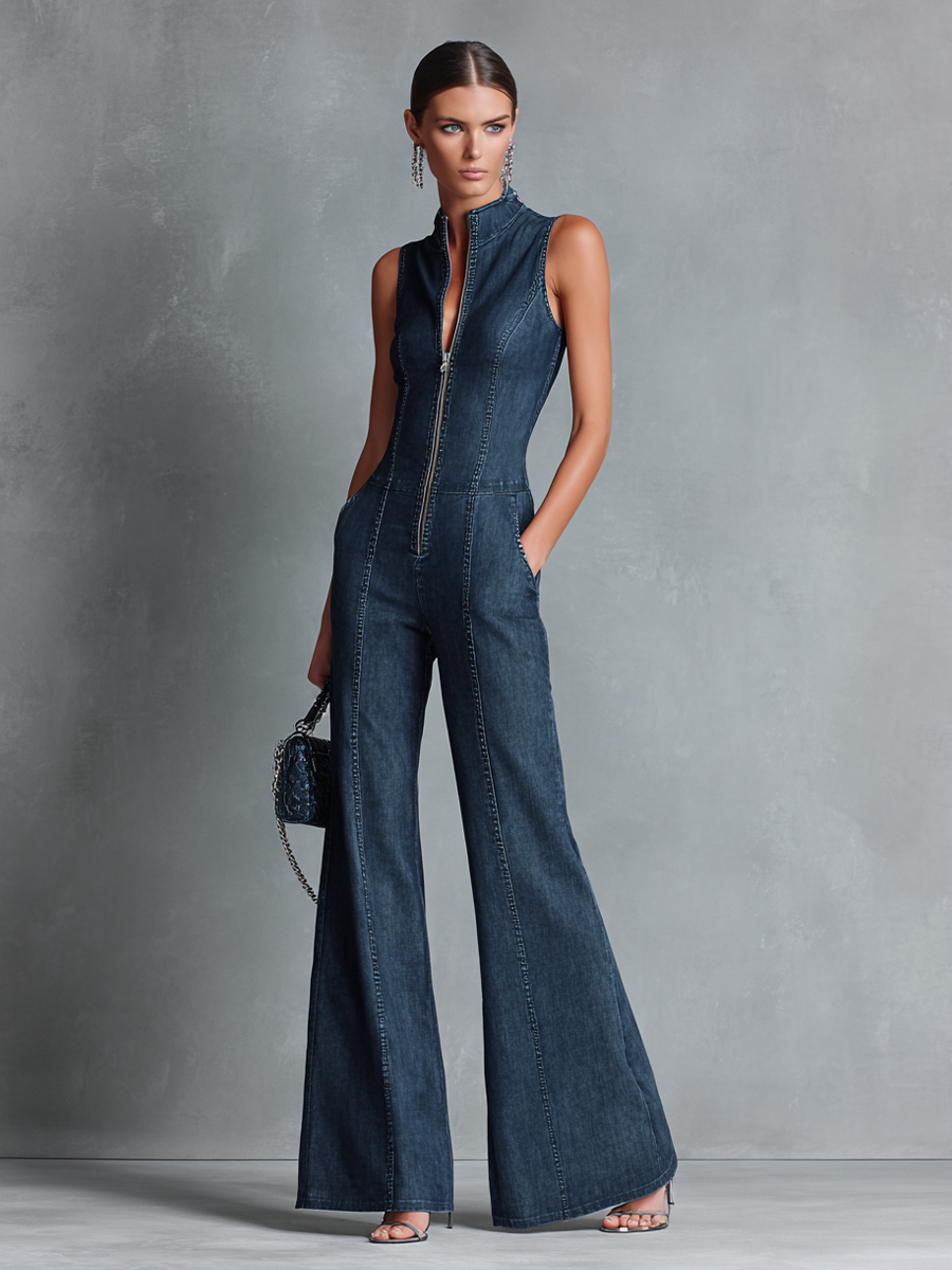 Talia | Dark Blue Denim Flared Jumpsuit