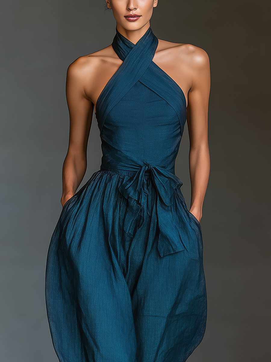 Luna | Navy Cross-Halter Jumpsuit