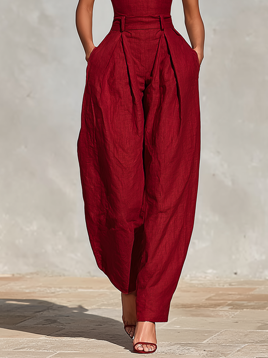 Celeste | Red Linen Pleated Jumpsuit