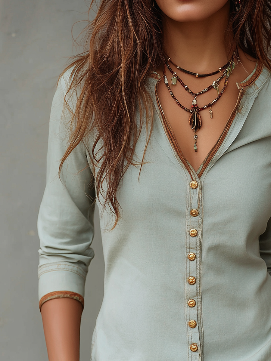 Avery | Washed Denim Henley Blouse