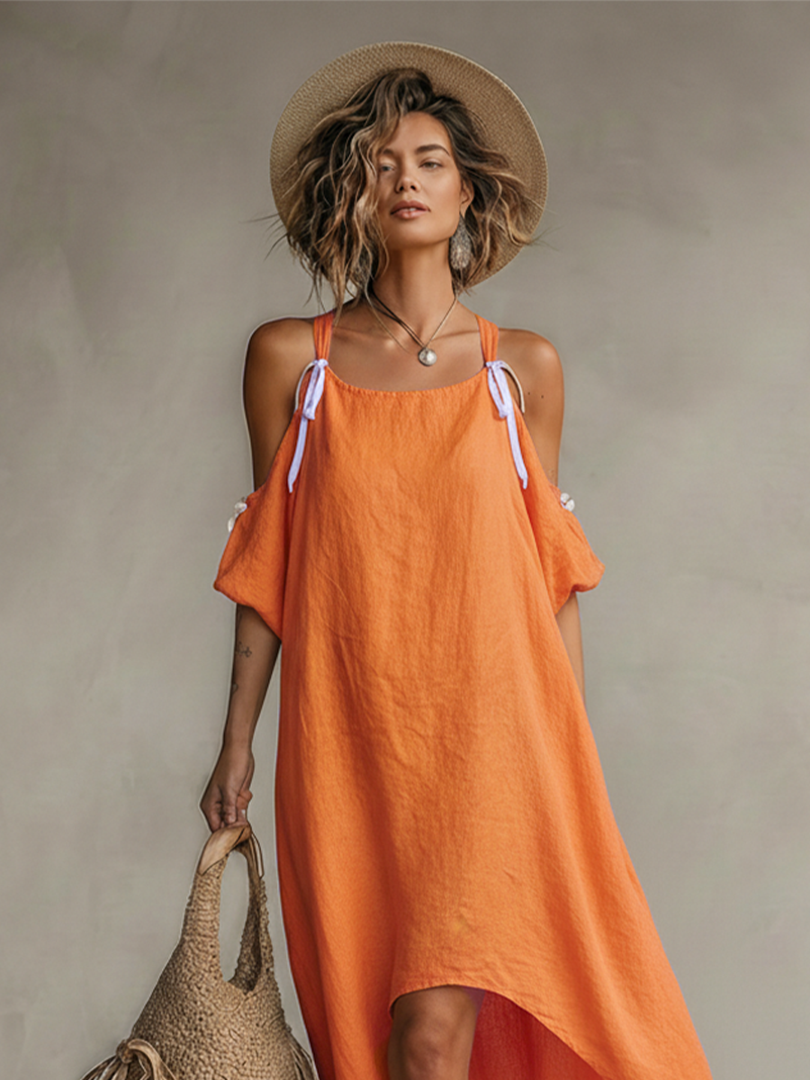 Tangerine | Cold-Shoulder Linen Dress