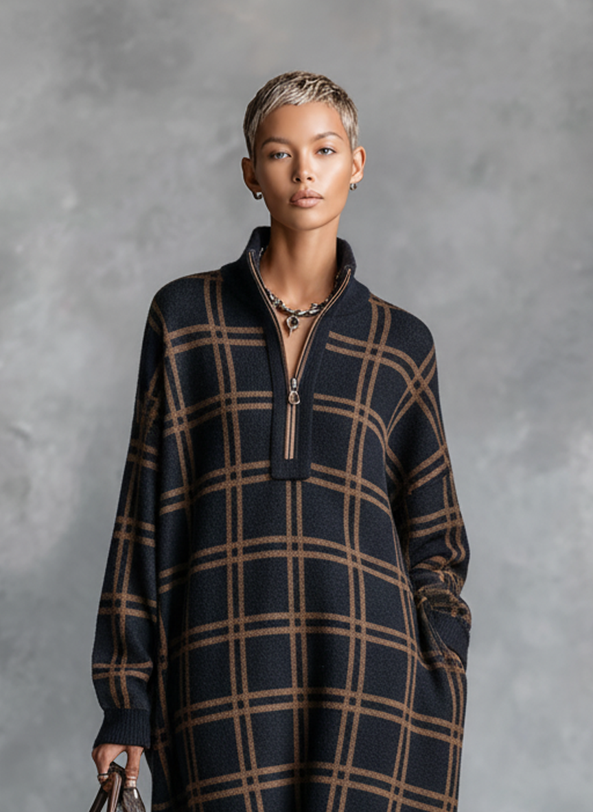 Nicole | Plaid Zipper Neck Maxi Dress