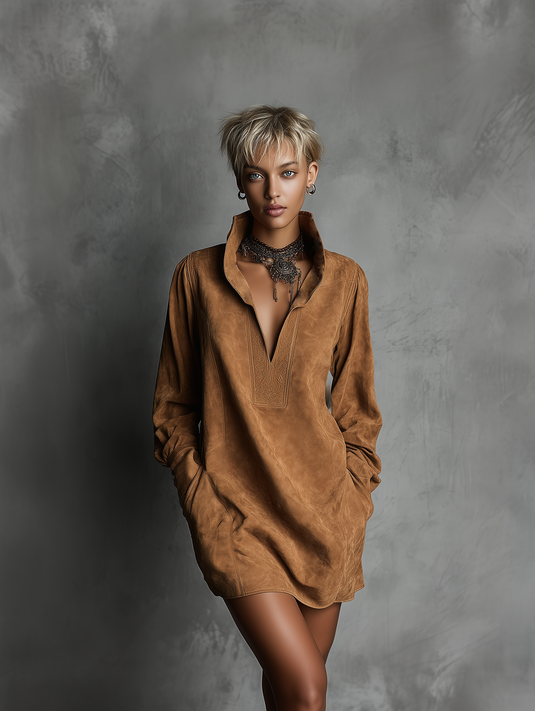 Ariella | Embossed Suede V-Neck Dress