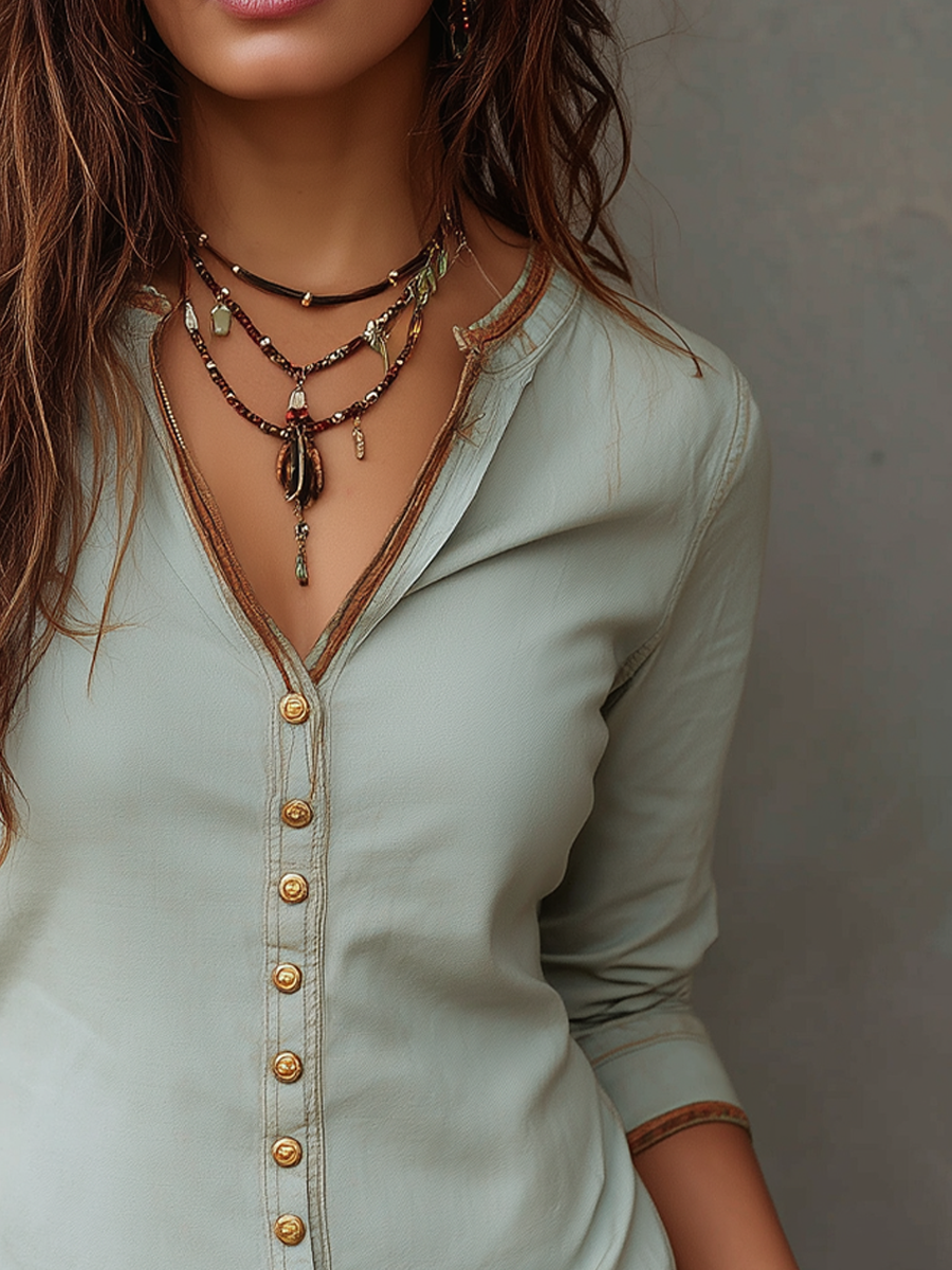 Avery | Washed Denim Henley Blouse