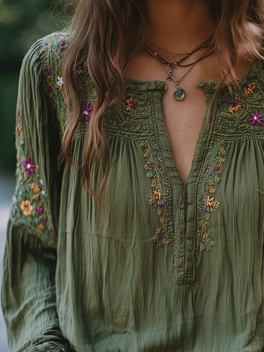 Olive | Embroidered Cotton Shirt