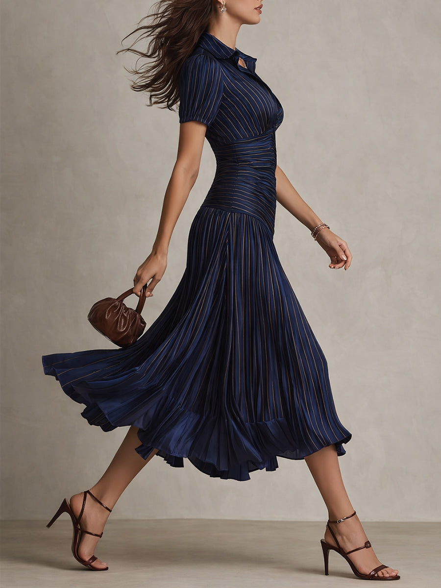 Bianca | Striped Satin Pleated Midi Dress