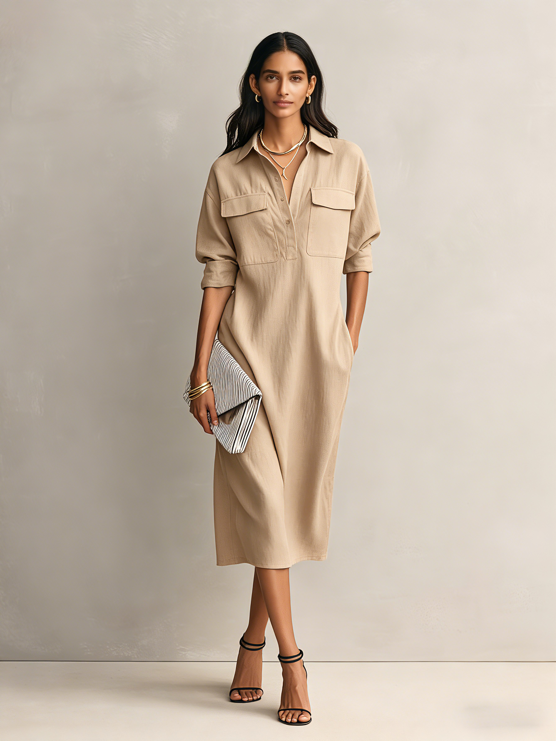 Nora | Black Shirt Collar Midi Dress