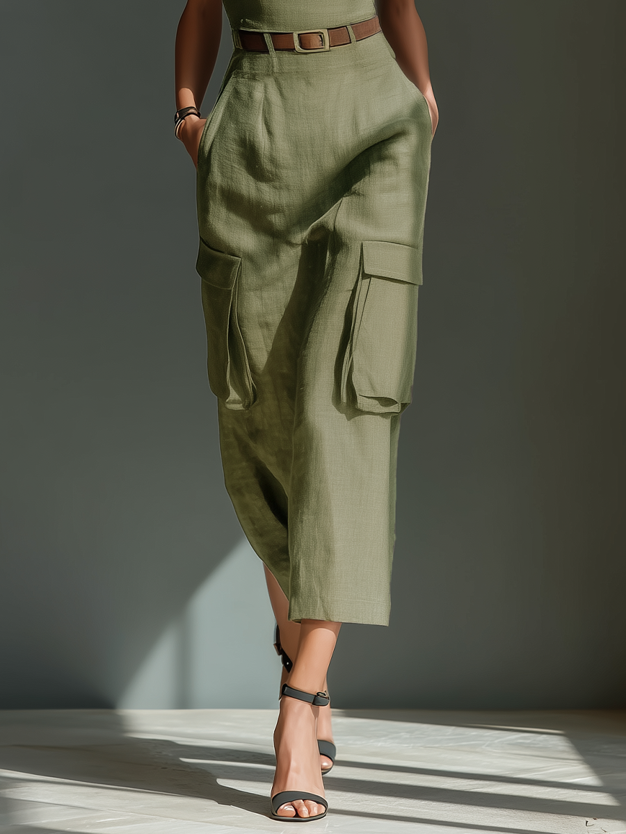 Olive | Linen Cargo Pocket Midi Dress