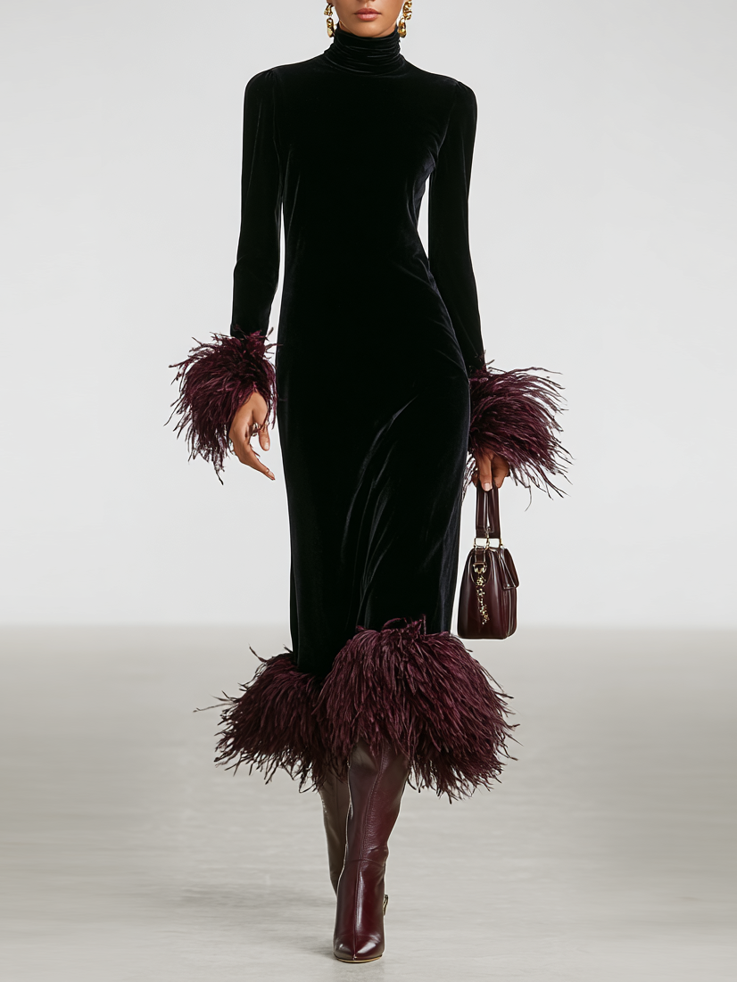 Odette | Velvet Feather Trim Maxi Dress