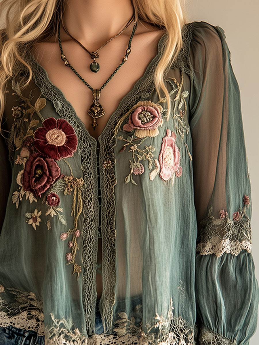 Freya | Green Embroidered Boho Shirt