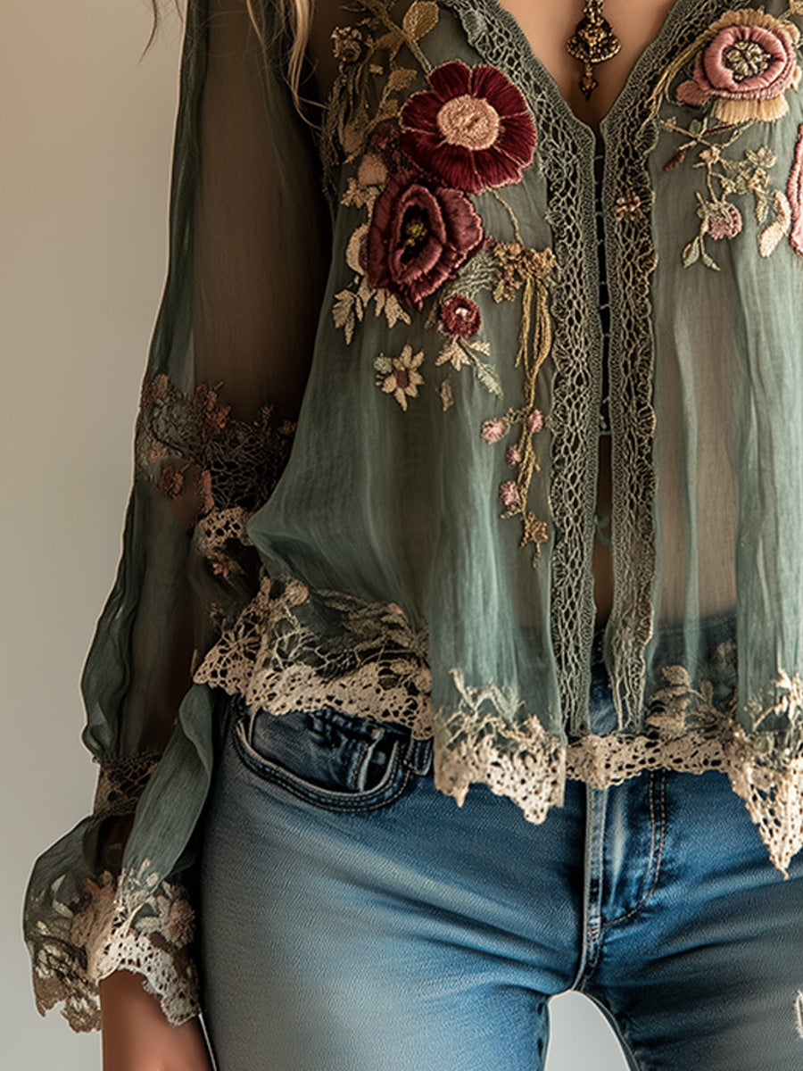 Freya | Green Embroidered Boho Shirt