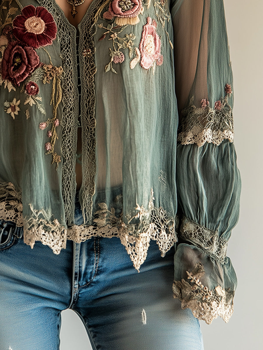 Freya | Green Embroidered Boho Shirt