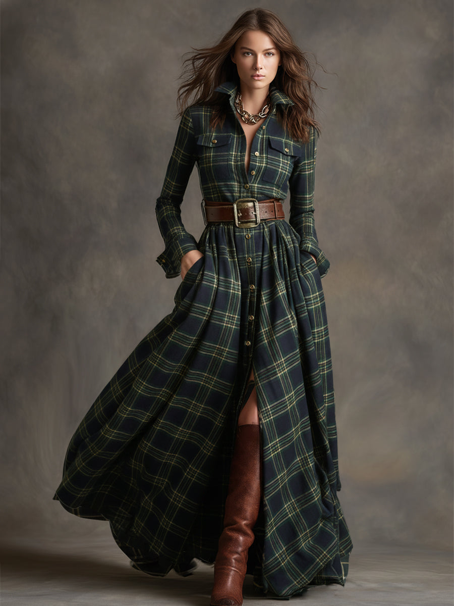 Elowen | Reddish Brown Plaid Maxi Dress