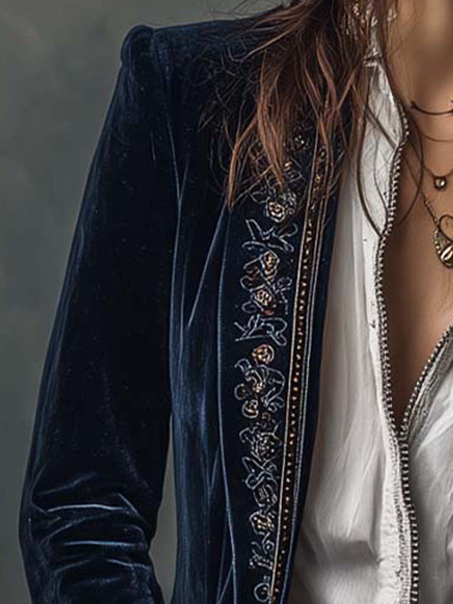 Odette | Navy Embroidered Velvet Jacket
