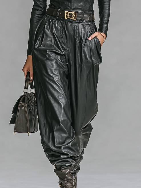 Celine | Faux Leather Zip Pant Set
