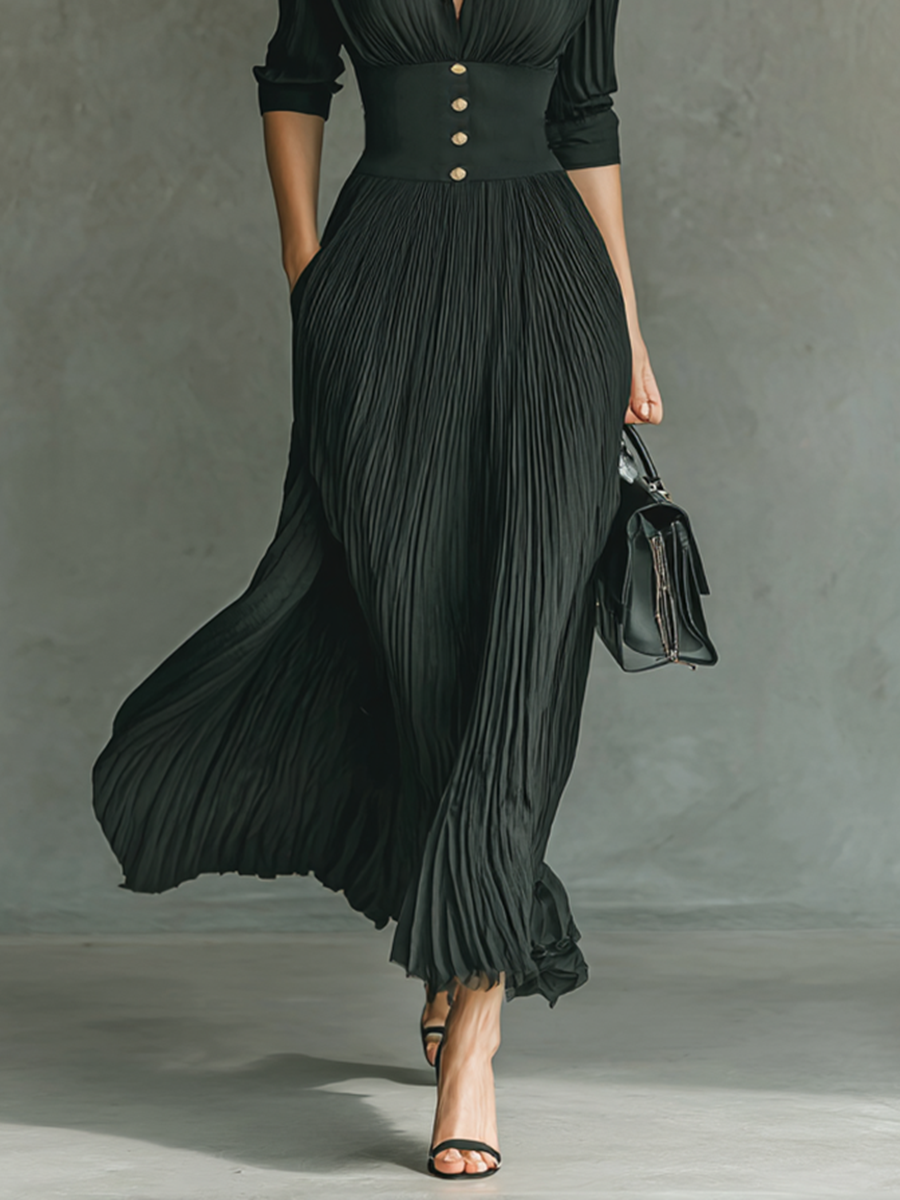 Elina | Pleated Lapel Maxi Dress