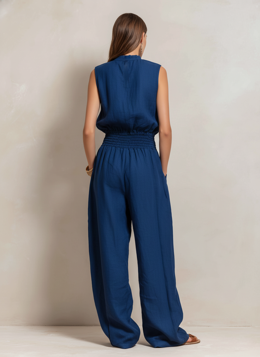 Navy | Cotton-Linen Sleeveless Jumpsuit