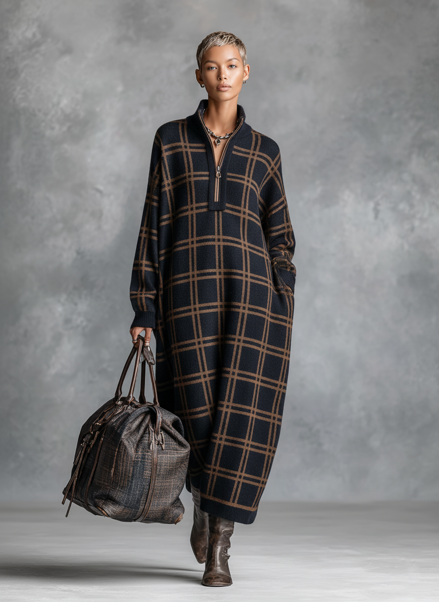 Nicole | Plaid Zipper Neck Maxi Dress