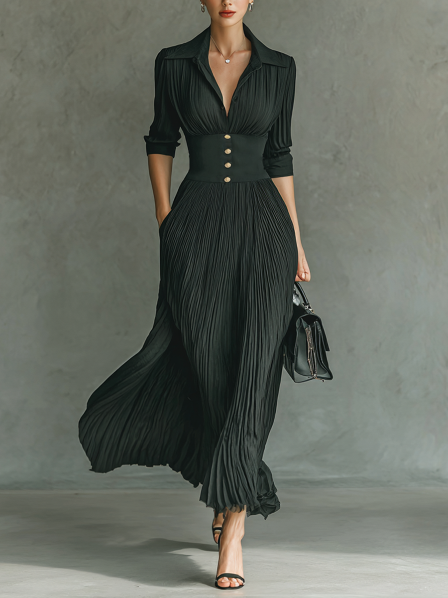 Elina | Pleated Lapel Maxi Dress